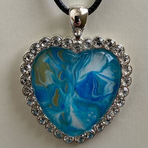 Handmade Blue Fluid Art Heart Pendant Necklace Silver Tone Rhinestone Frame - Picture 5 of 10
